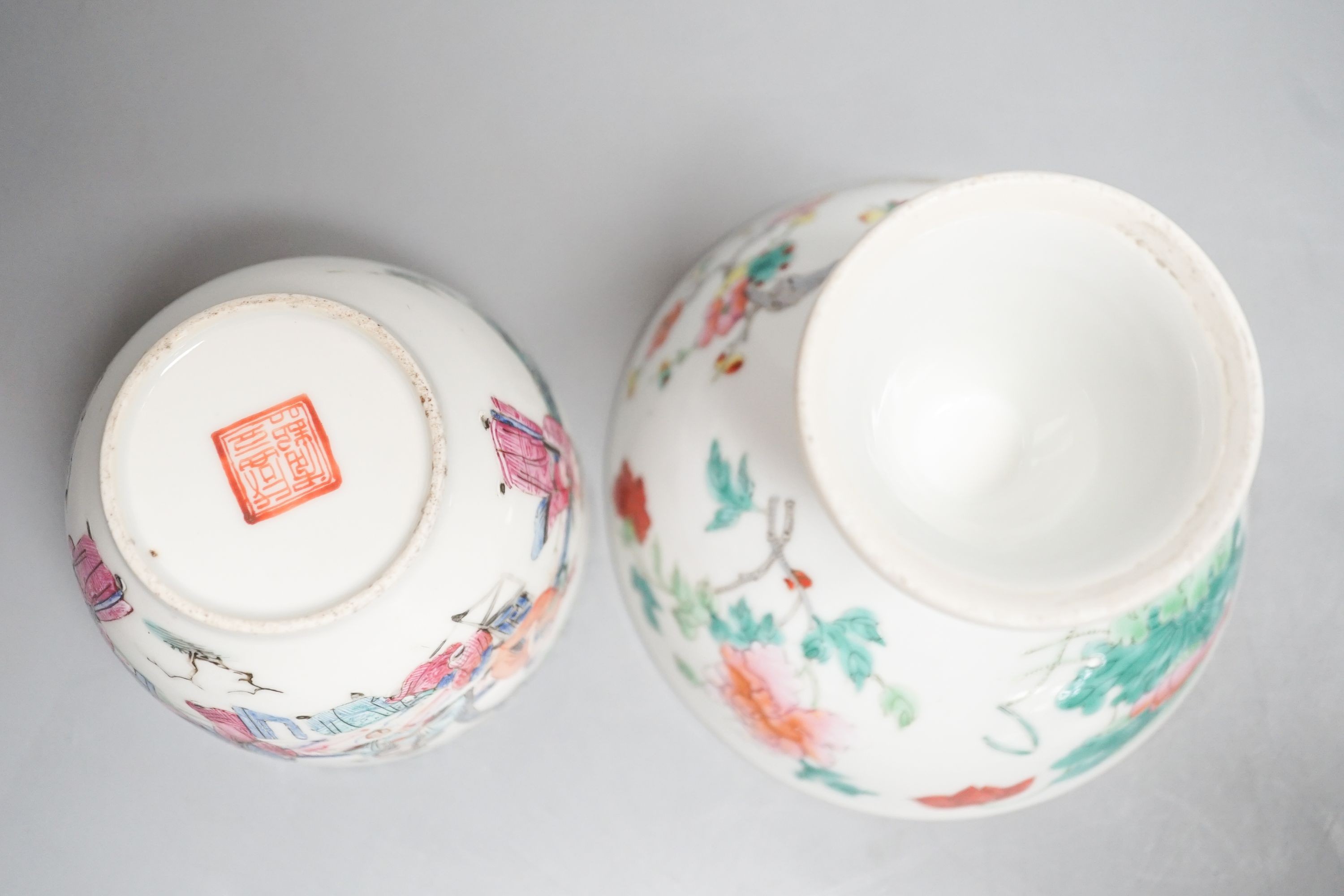 A 19th century Chinese famille stem cup, 9.5cm high and a similar jar (lacking cover), 7.5 cm high